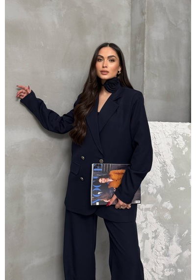Msm Fashion Kadın İkili Blazer Ceket Pantolon Takım Aksesuar Ve Düğme Detaylı Bol Paça Lacivert Msm Fashion Kadın İkili Blazer Ceket Pantolon Takım Aksesuar Ve Düğme Detaylı Bol Paça Lacivert