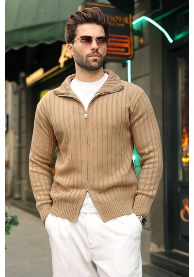 Madmext Vizon Çift Fermuarlı Slim Fit Çizgili Erkek Triko Hırka E7522