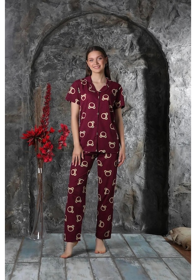 Yazlık Ayıcık Baskılı Kısa Kol Pijama Takımı Yeni Sezon Bordo