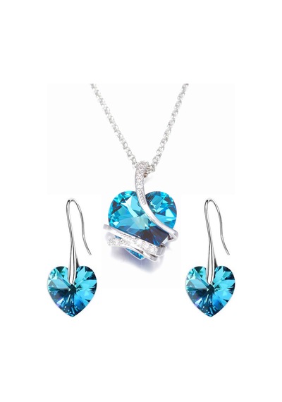 Monemel Kristal Taşlı Mavi Kalp Kolye Ve Kupe Set Altın Kaplama N0404set Gümüş