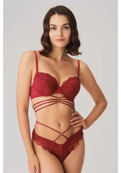 Ang Butik Kadın Balenli Destekli Dolgulu Göbek Detaylı Dantelli Sütyen Ve String Takım Bordo