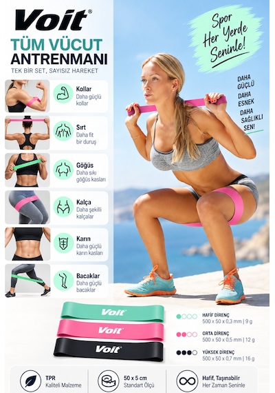 3’lü Loop Direnç Bandı Seti Pilates ve Fitness Egzersiz Lastiği