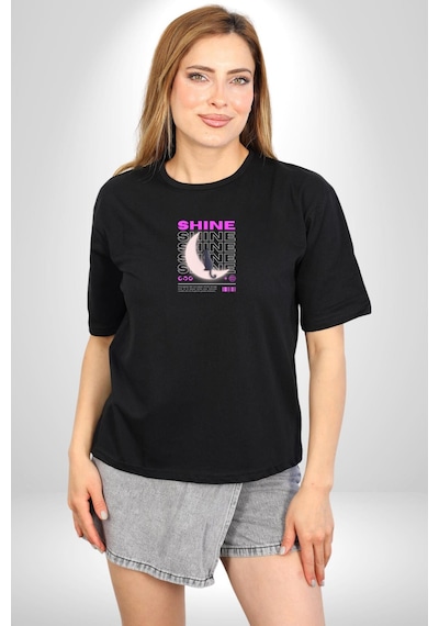 Parlayan Siyah Kedi Siyah Oversize Unisex Ön Orta Minimal Baskılı Tişört Siyah