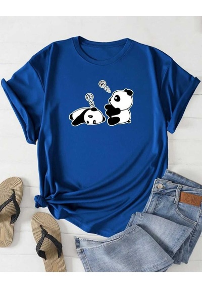 Kozia Outdoors Malkoçbey Sevimli Pandalar Baskılı T-şhirt Saks Mavi Saks Mavisi