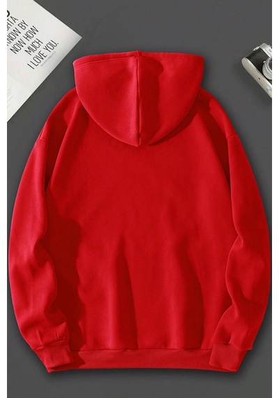 Unisex Kalp Baskılı Oversize Sweatshirt Kırmızı