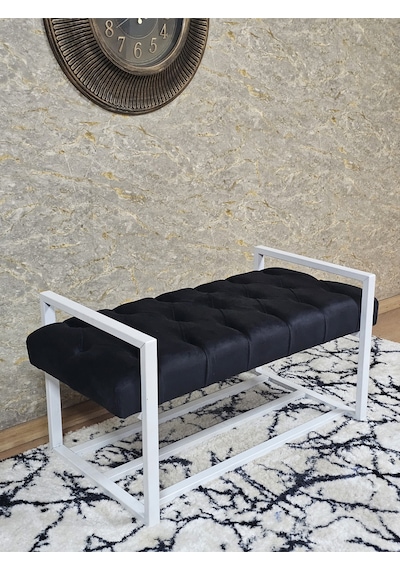 Zafir Beyaz Boyalı Metal 80 Cm Puf Bench - Antre Puf - Hol Bench - Puf - Oturak - Bench Siyah