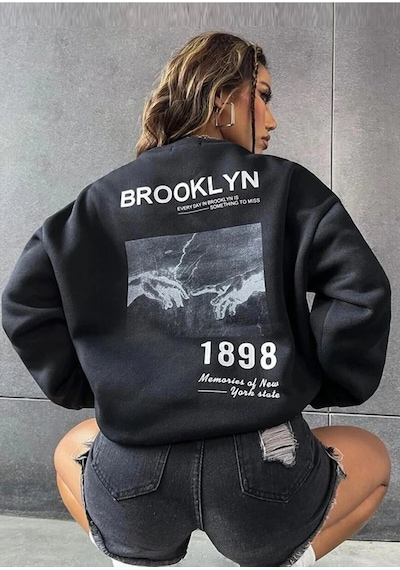 Tarzsokak Siyah Oversize Brooklyn 1898 Baskılı Bisiklet Yaka Kapşonsuz Pamuklu Sweatshirt