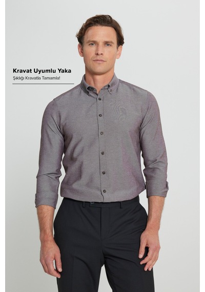 AC&Co / Altınyıldız Classics Tailored Slim Fit Dar Kesim Düğmeli Yaka Oxford Erkek Gömlek Kahverengi