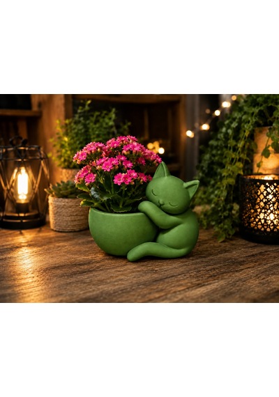 3d Baskı Sarılan Kedi Saksı - Sevimli Dekoratif Saksı - Yeşil