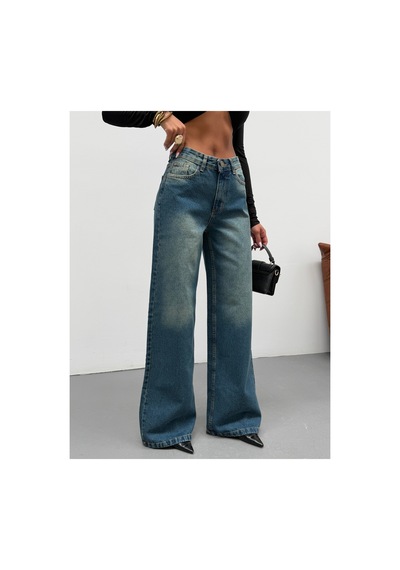 Kene Jeans Kadın Wide Leg Yüksek Bel Bol Paça Kot/denim Palazzo Pantolon Yeşil Tintli