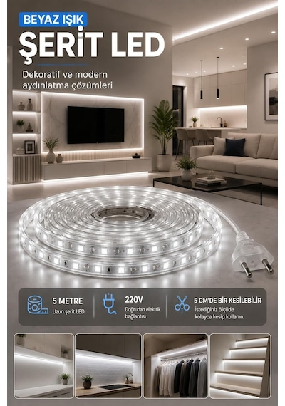 Tr 5 Metre Beyaz Şerit Led, 220v, 5 Cm'de Kesilebilir, Dekoratif Aydınlatma Diğer