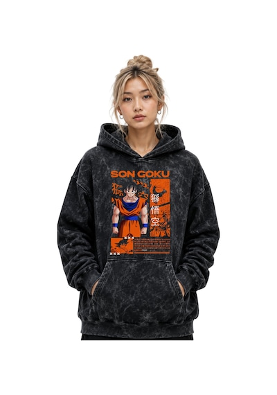 Sevbano Son Goku Dragon Ball Anime Baskılı Unisex Oversize Yıkamalı Premi Siyah
