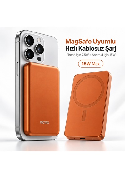 Woyax Magsafe Powerbank 5000mah Slim Hızlı Taşınabilir Batarya İphone 11 12 13 14 15 16 17 Pro Max Samsung Turuncu