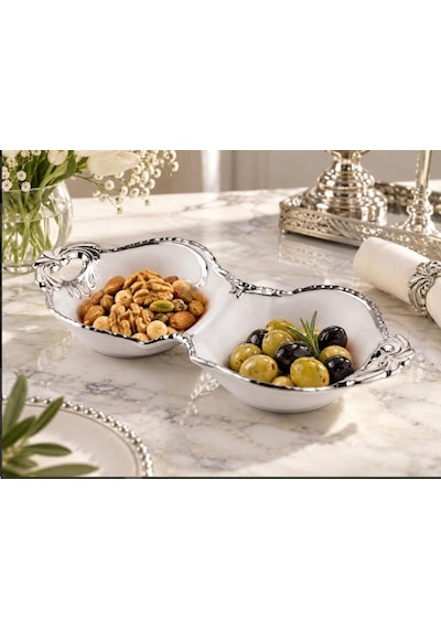 Roykıng Camelıa Gümüş 2 Bölmeli Çerezlik 32x16 Cm beyaz
