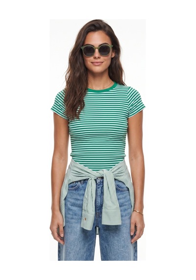 Onloox Kadın Yeşil-beyaz Yeşil Beyaz Pamuklu Likralı Fitilli Kaşkorse Bisiklet Yaka Kısa Kollu Çizgili Basic T-shirt Onloox Kadın Yeşil-beyaz Yeşil Beyaz Pamuklu Likralı Fitilli Kaşkorse Bisiklet Yaka Kısa Kollu Çizgili Basic T-shirt