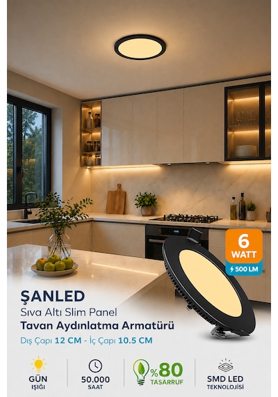 6w Tasarruflu Led Yuvarlak Siyah Kasa Gün Işığı Sıva Altı Panel Aydınlatma Armatürü 3 Adettir