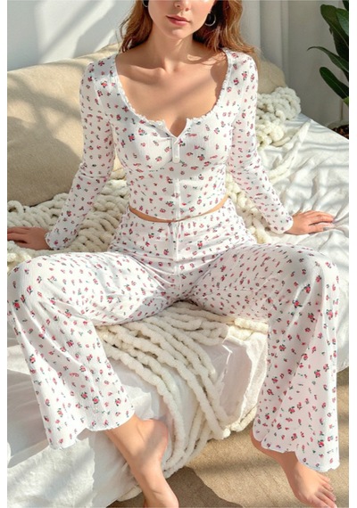 Bella Notte Çiçek Baskılı Uzun Kollu Pamuk - Viskon Pijama Takımı Beyaz