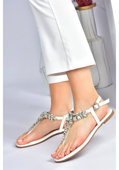 Fox Shoes Beyaz Taşlı Parmak Arası Kadın Sandalet M272006009