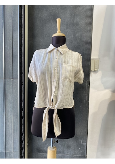 Pera Moda Önden Bağlamalı Keten Görünümlü Viskon Crop Gömlek Taş