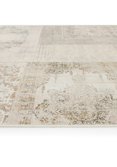 Cool Halı Patchwork Krem Bej Vintage Eskitme Bohem Desenli Şönil İnce Halı Salon Oturma Odası Halısı