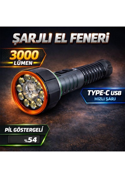 Tr Şarjlı Pil Göstergeli Mıknatıslı El Feneri 3000 Lümen 7 Mod Usb Şarjlı Led Kamp Araç Tamir Feneri