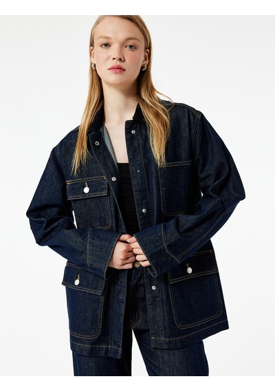 Koton Uzun Kollu Cep Detaylı Gömlek Yaka Denim Ceket Orta İndigo 6wal50008md Indigo
