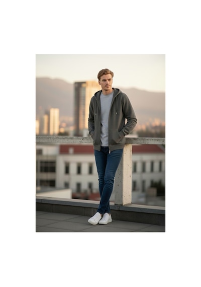 Mellorenzo Erkek Kapşonlu Fermuarlı Sweatshirt Koyu Gri Koyu Gri