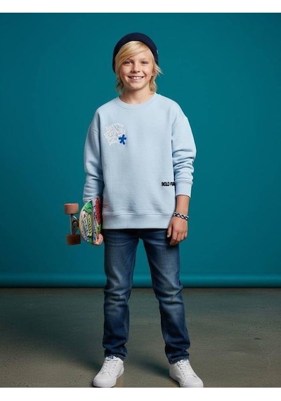 Zekids Erkek Çocuk Sırt Baskılı Tasarım Sweatshirt-16634 Mavi