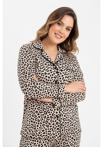 Bravie Luxury Viscose Leopar Desenli Kadın Uzun Kollu Büyük Beden Pijama Takımı 42526 Leopar2