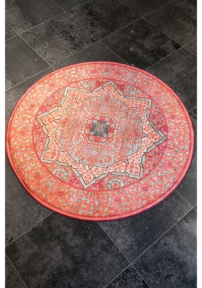 Frenda Home Vintage Desen Pamuk Taban Baskılı Yıkanabilir Yuvarlak Halı Kırmızı
