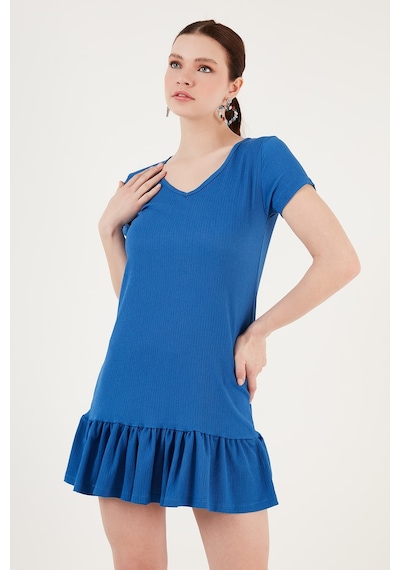 Lela Regular Fit Fırfırlı V Yaka Bürümcük Mini Bayan Elbise 5865071 Saks