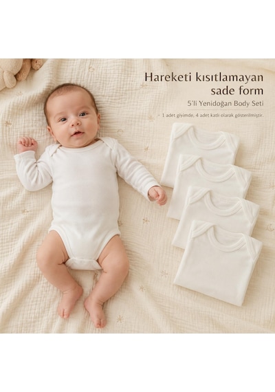 Yenidoğan Bebek Body 5 Li Set, Unisex Ekru Organik Pamuk 0-3 Ay Body Çok Renkli