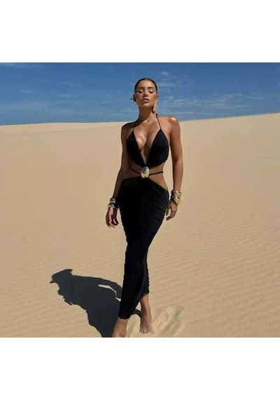 Pink Life Siyah Sandy Kumaş Toka Det.dekolteli Midi Elbise Siyah