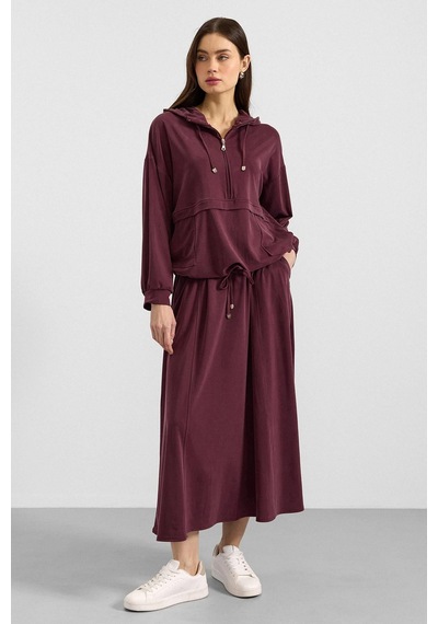 Olcay Kapüşonlu Bağcık Detaylı Premium Kumaş Sweat Etek Takım Bordo 9403-tk