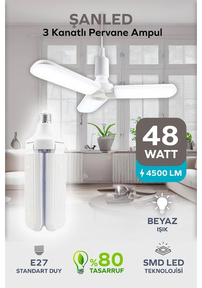 3 Kanatlı Pervane 48w Ampul Beyaz Işık-1 Adettir 1 Adet