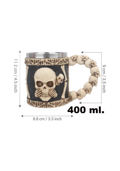 3d Gotik Kurukafa İskelet Tasarımlı Kupa Paslanmaz Çelik İç Hazneli Kulplu Dekoratif Bardak 400 Ml. Çok Renkli