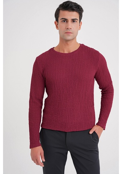 Efor Slim Fit Esnek Pamuklu Dokulu Kumaş Uzun Kollu Bordo Tişört Ts 934