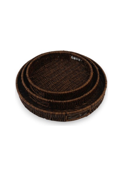 3 Lü Rattan Tepsi Dekoratif Tepsi Hasır Örme Tepsi Yuvarlak Kahverengi