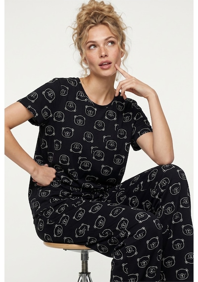 Siyah İnci Siyah Ayıcık Desenli Kısa Kollu Pamuklu Pijama Takımı Siyah A Desen
