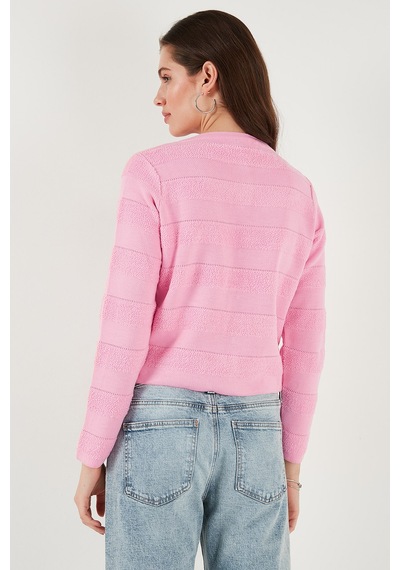 Lela Premium Regular Fit Bisiklet Yaka Düğmeli Dokulu Triko Bayan Hırka 680Hi00337 Şeker Pembe