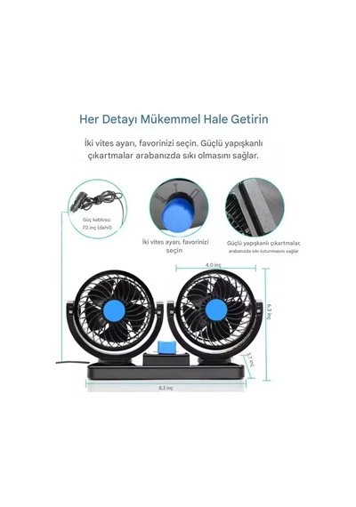 Araç İçi Vantilatör 360 Dönebilen Torpido Üstü Çift Başlıklı Vantilatör 12v Uyumlu Soğutucu Fan