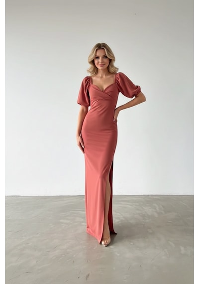 Defymoda Kadın Yırtmaçlı Şık Tasarım Krep Elbise Pembe