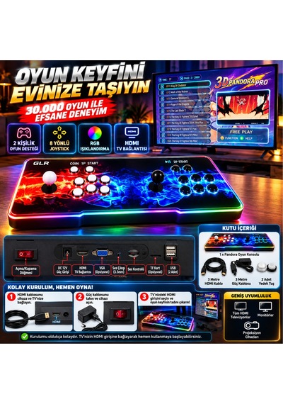 3d Pandora Pro 30.000 Oyunlu Rgb Işıklı Arcade Oyun Konsolu 2 Kişilik Hdmı Tv Bağlantılı