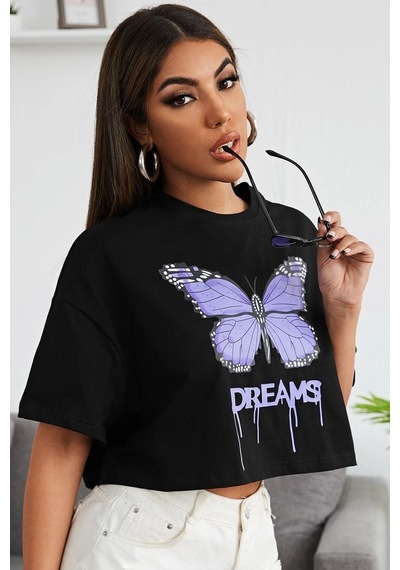 Flood Of Style Unisex Dream Butterfly Tasarım Tshirt Siyah