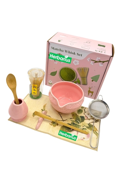 Herbarius 8 Parça Çiçek Desenli Parlak Pudra Pembe Renk Matcha Çayı Hazırlama Seti - Geleneksel Japon Matcha Seti