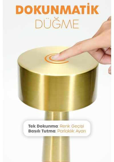 Şarjlı Dokunmatik Masa Lambası Metal 3 Işık Parlaklık Ayarlı Gece Masa Üstü Lamba Gold A3 Gold