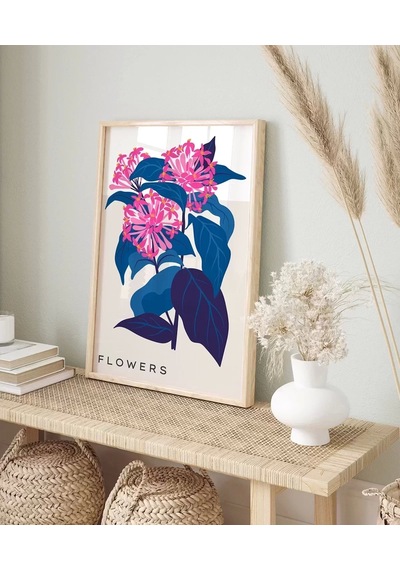 Çerçevesiz Poster Mavi Yaprak Pembe Çiçek