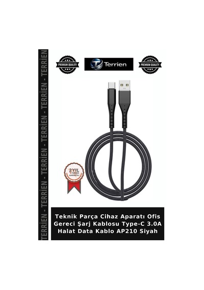 Teknik Parça Cihaz Aparatı Ofis Gereci Şarj Kablosu Type-c 3.0a Halat Data Kablo Ap210 Siyah