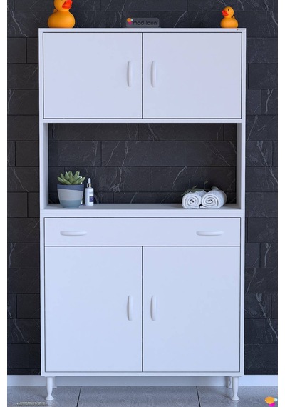 Arda 90 Cm 4 Kapaklı 7 Raflı Ve Çekmeceli Çok Amaçlı Banyo Dolabı Beyaz