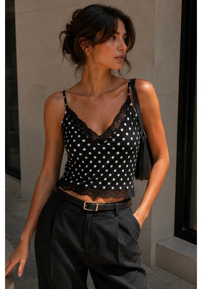 Bbbutikbasic Dantel Detaylı İp Askılı Atlet Esnek Fit Kadın Crop Bluz My3535 Siyah2